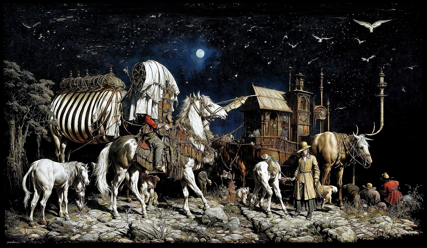 Mystical Caravan Scene Under Starry Night Sky