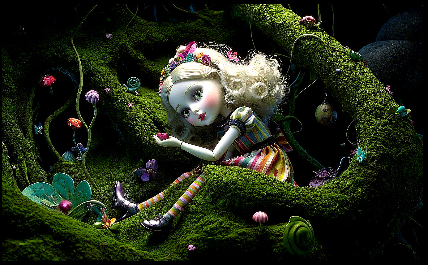 Whimsical Doll Surrounded by Moss and Mushrooms