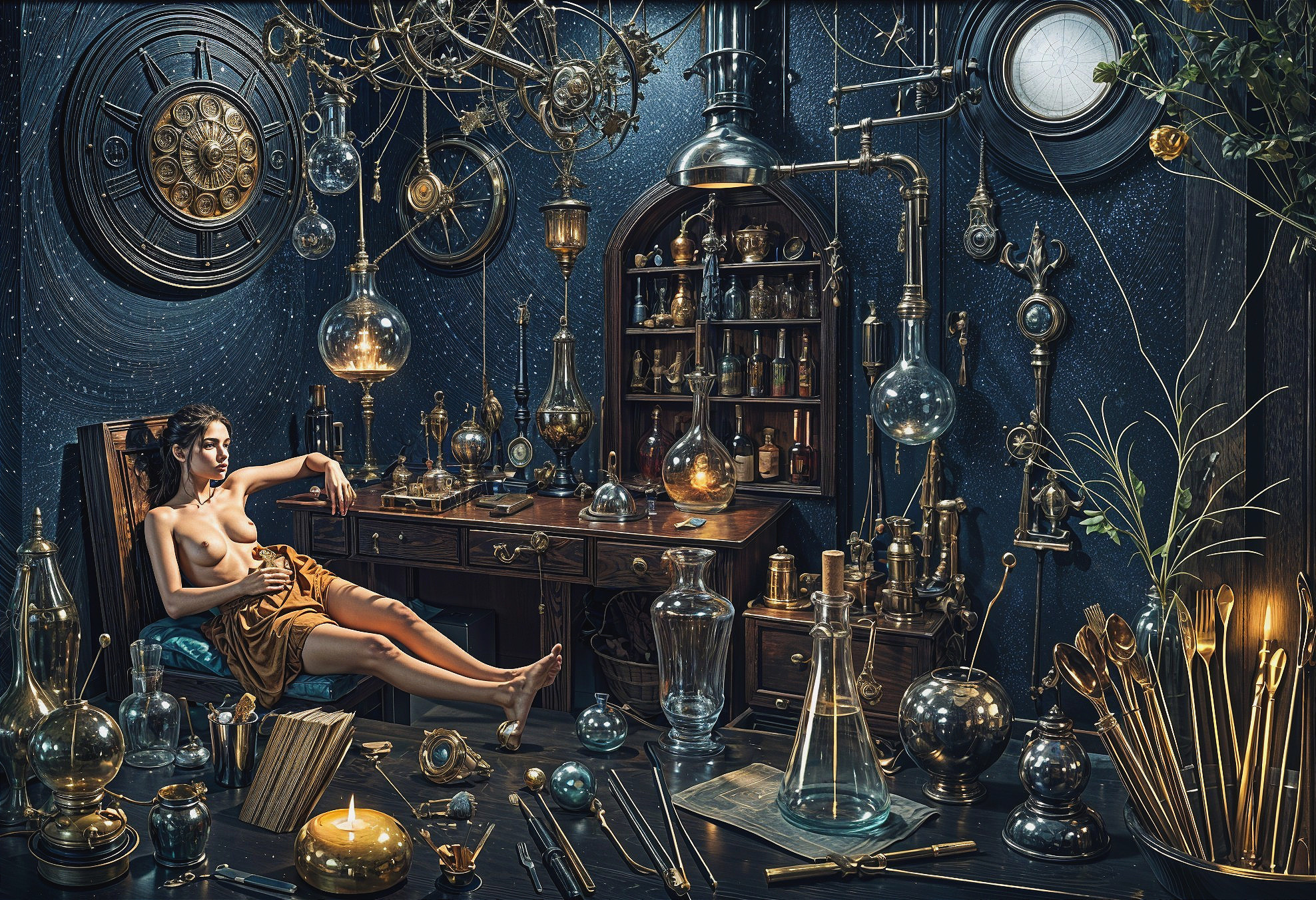 Alchemical Workshop with Glassware and Celestial Clocks