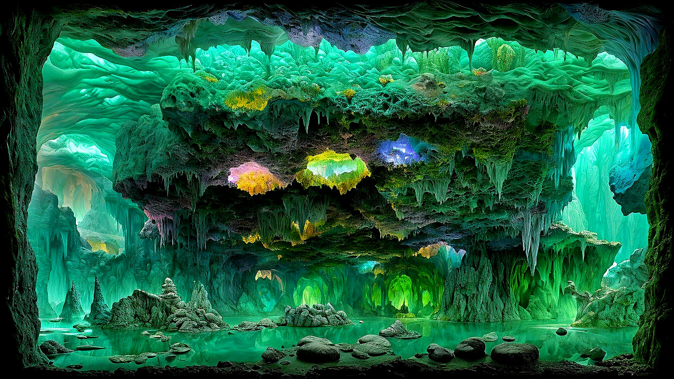 Underground cave with vibrant green hues and reflections