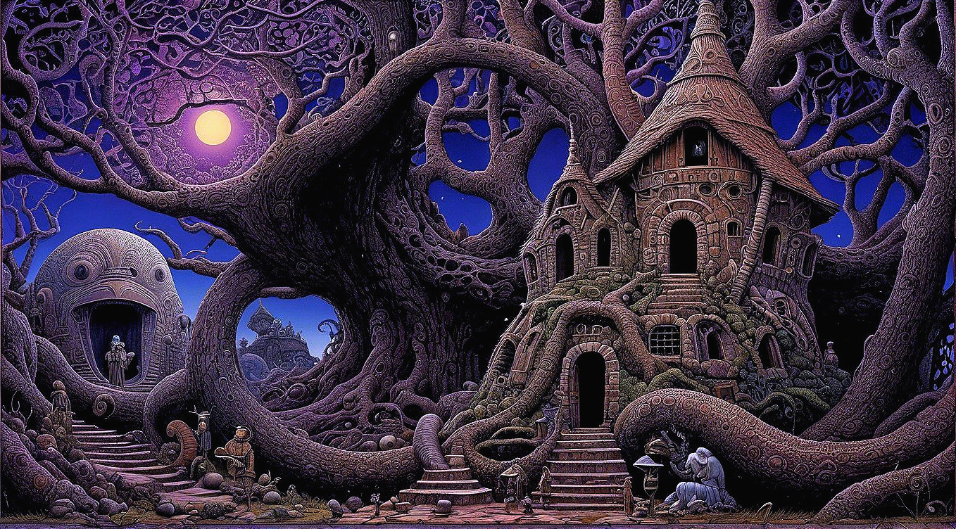 Whimsical Forest Scene Under Moonlit Sky