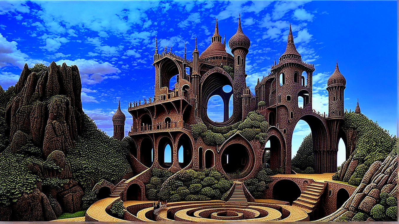 Fantastical Castle Surrounded by Lush Landscape and Sky