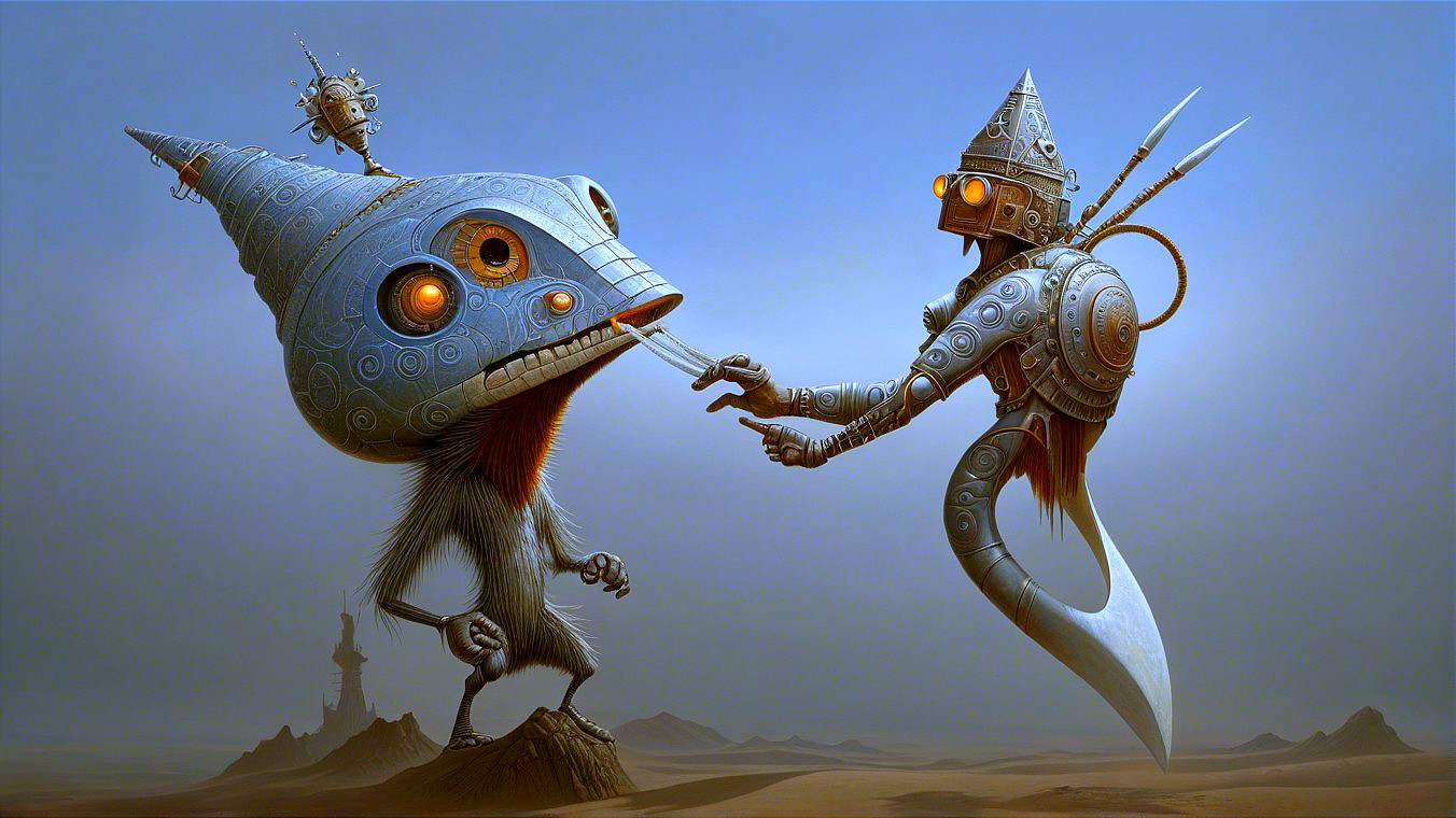 Surreal Interaction Between Creature and Armored Figure