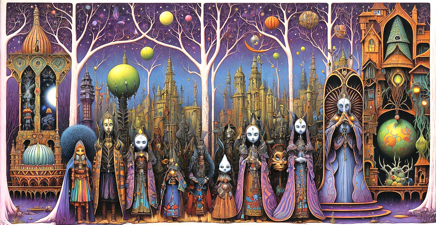 Colorful Fantastical Scene with Whimsical Characters