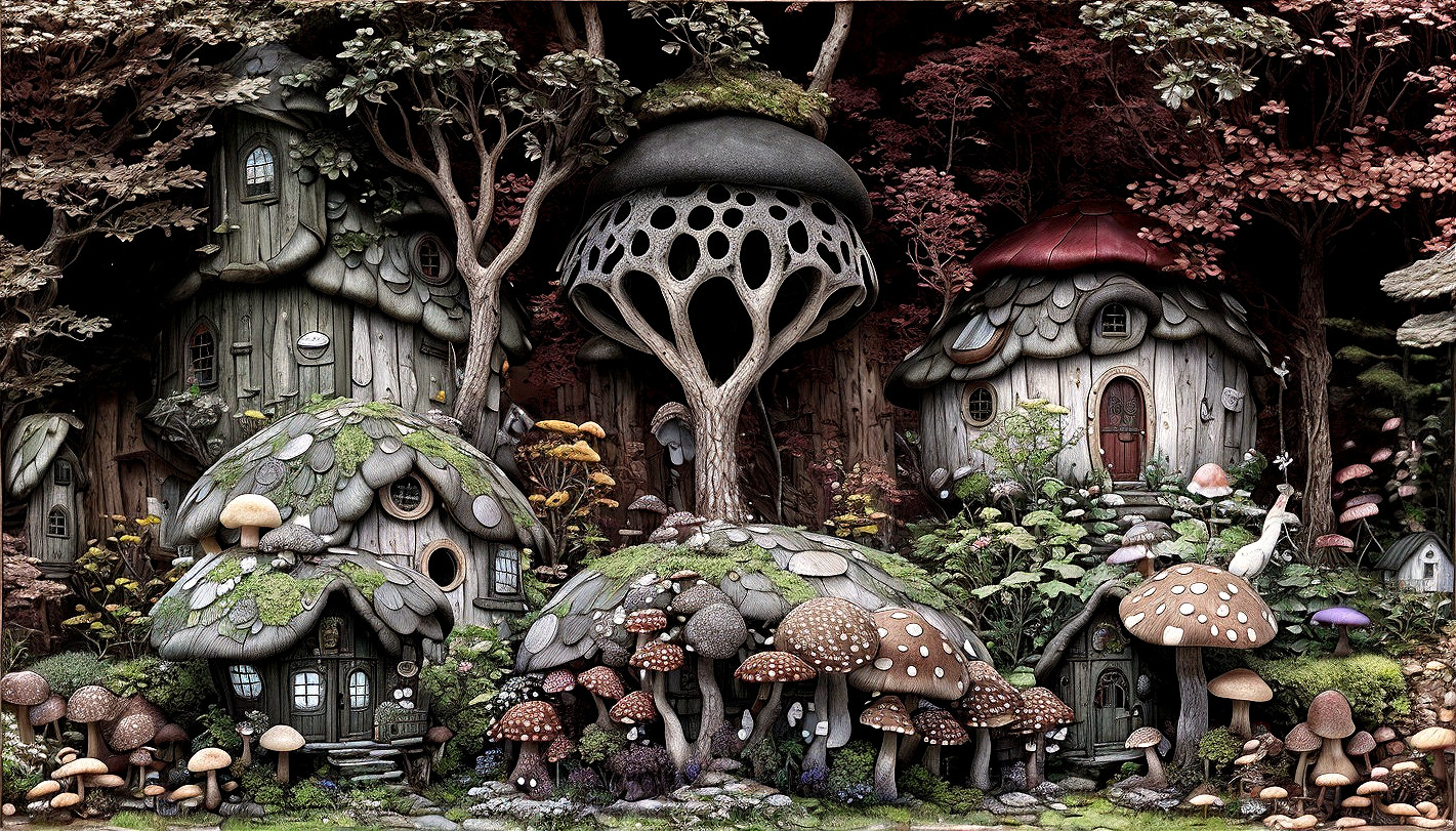 Whimsical Village with Mushroom-Inspired Houses