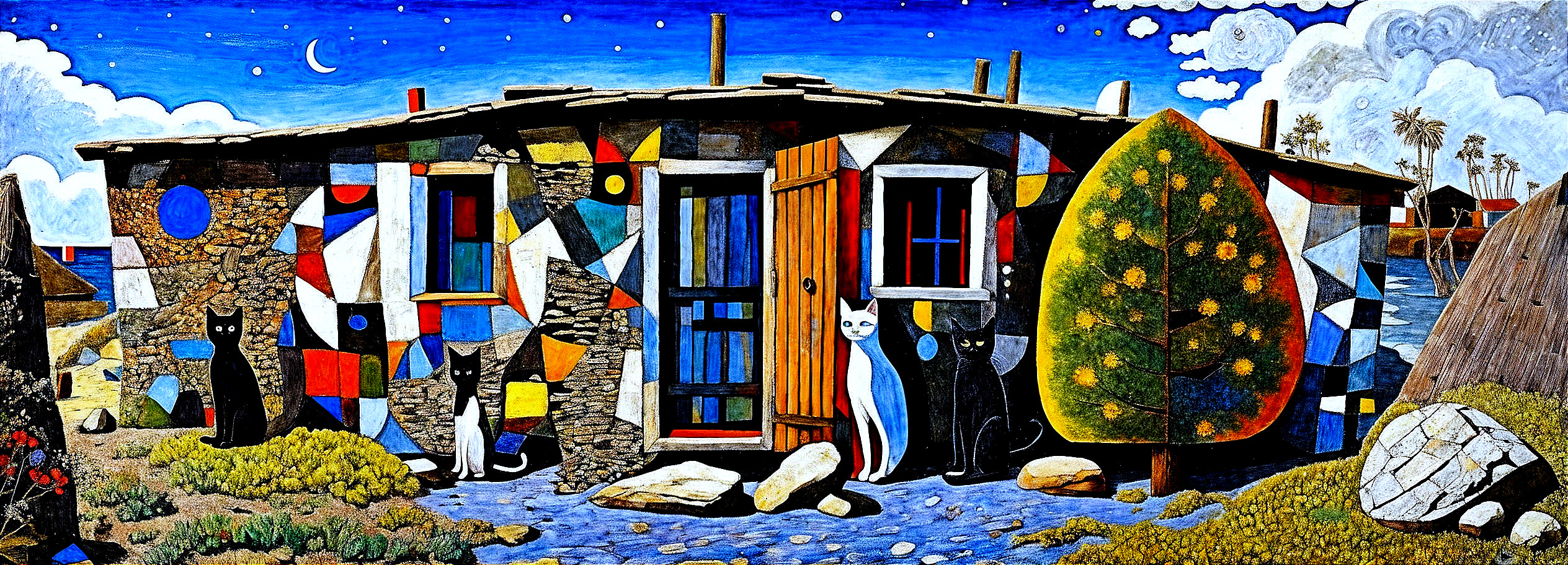 Colorful Rustic House with Cats and Trees Scene