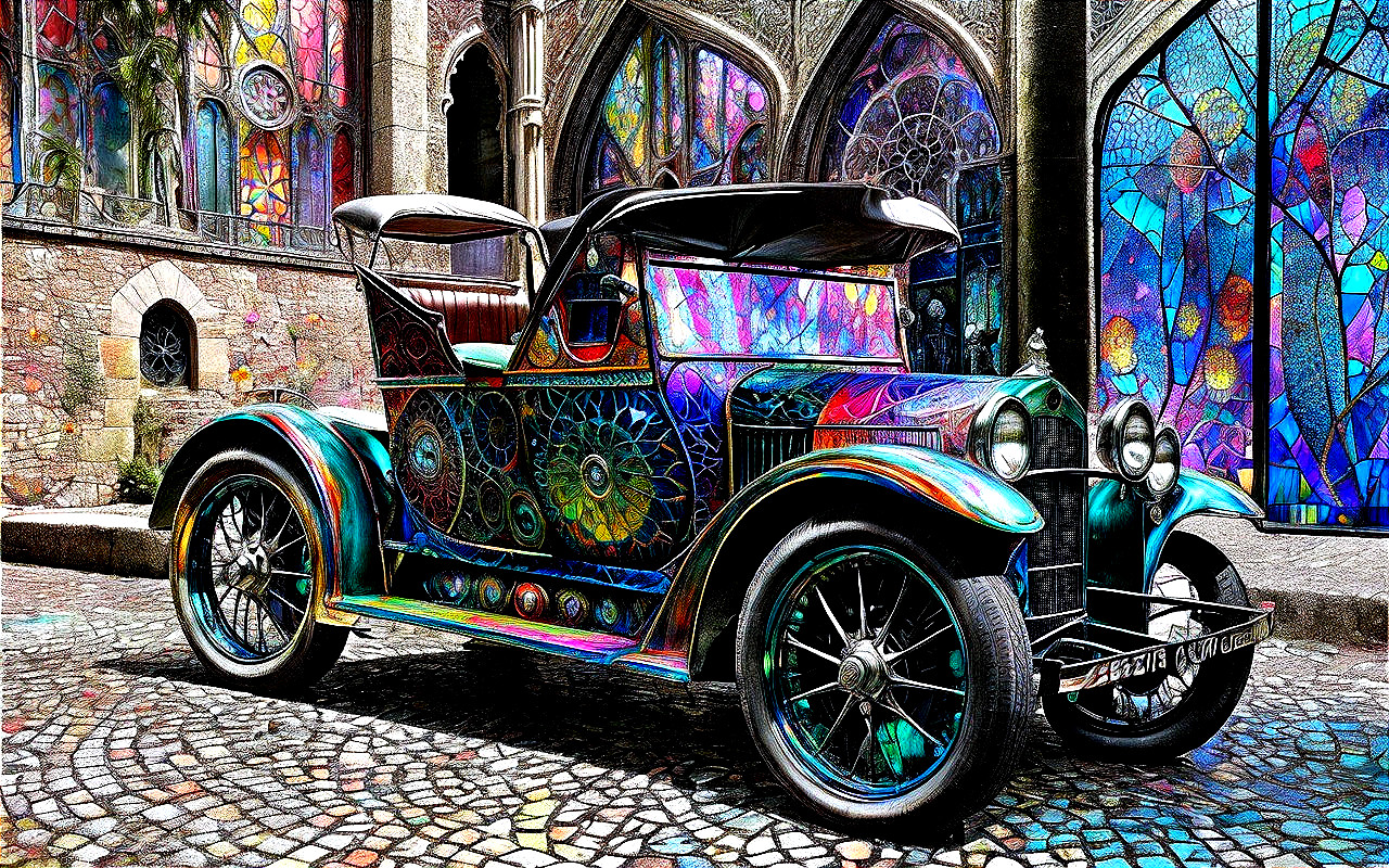 Vintage Car with Colorful Patterns by Gothic Building