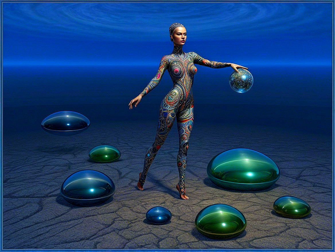 Futuristic figure in surreal landscape with glowing orb