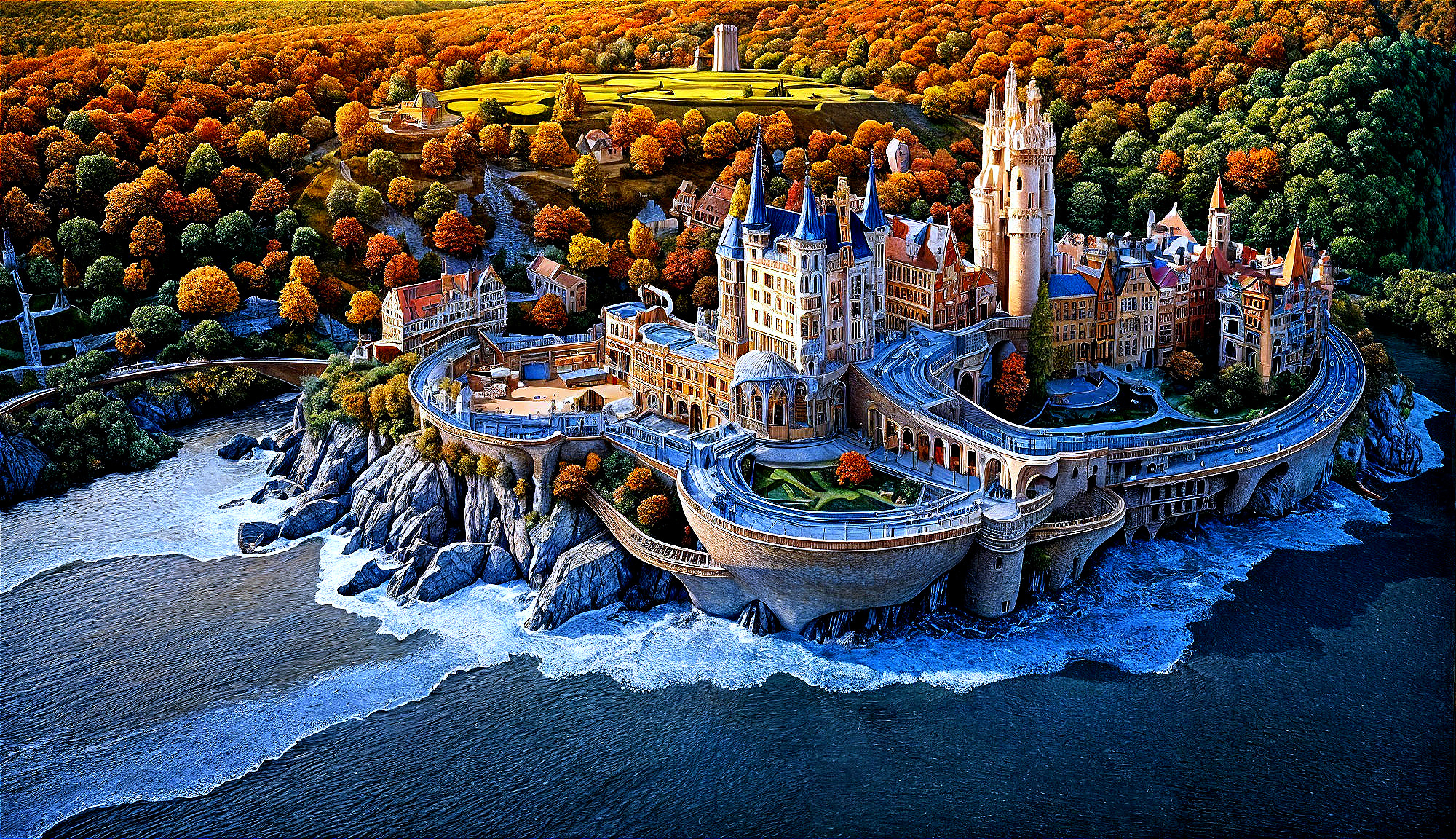 Aerial View of a Castle on Rocky Coastline in Autumn