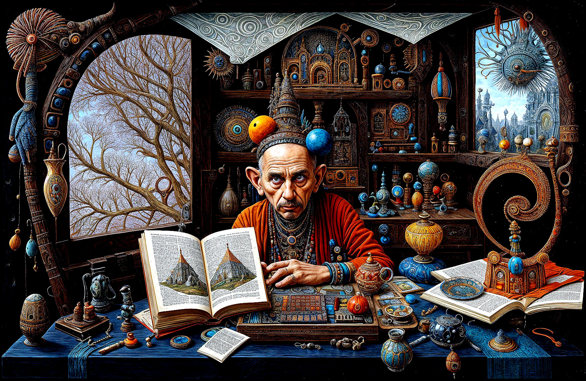 Eccentric scholar at a cluttered wooden desk with artifacts