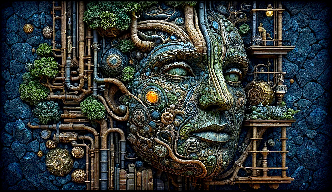 Surreal Face Merged with Nature and Technology Elements