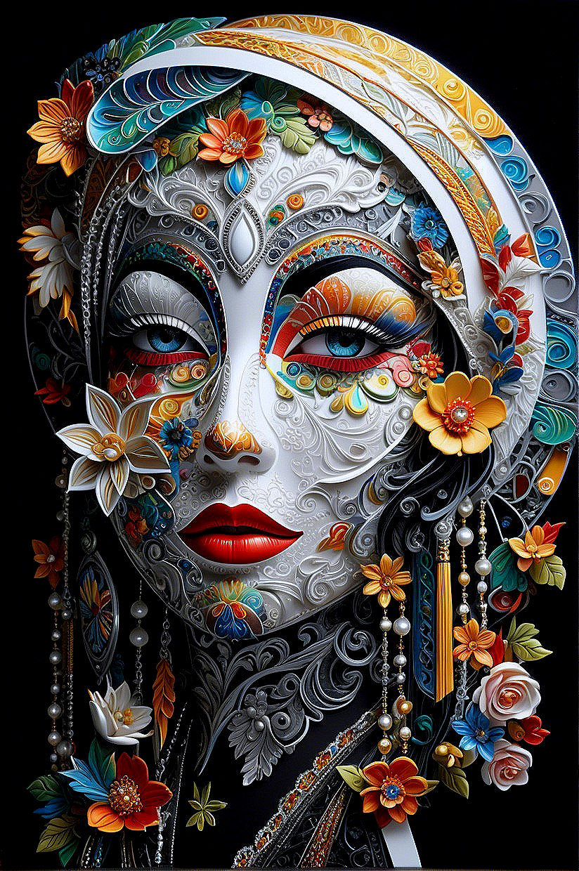 Intricate Mask-Like Face with Floral Patterns and Colors