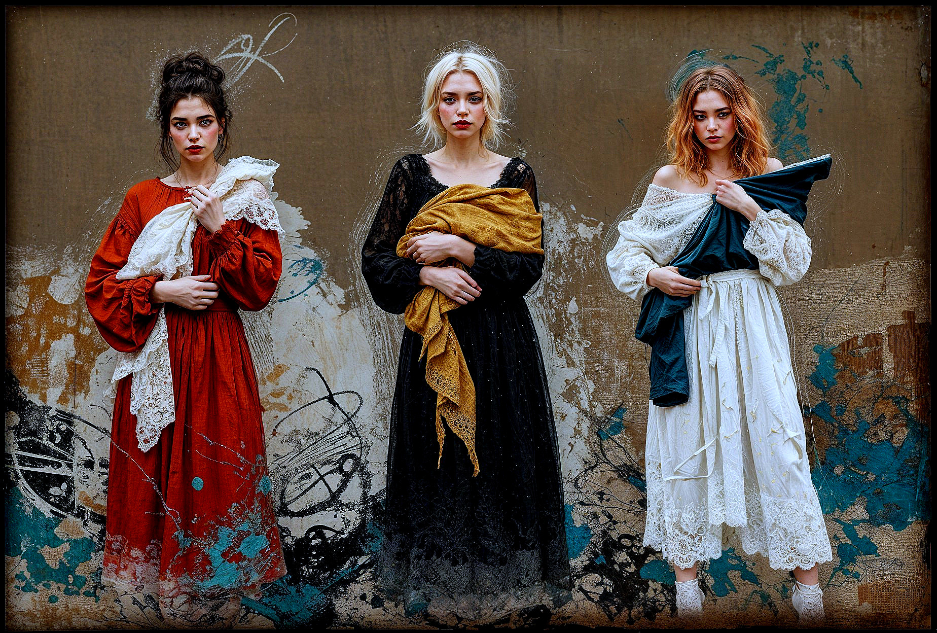 Three Women in Flowing Dresses with Shawls