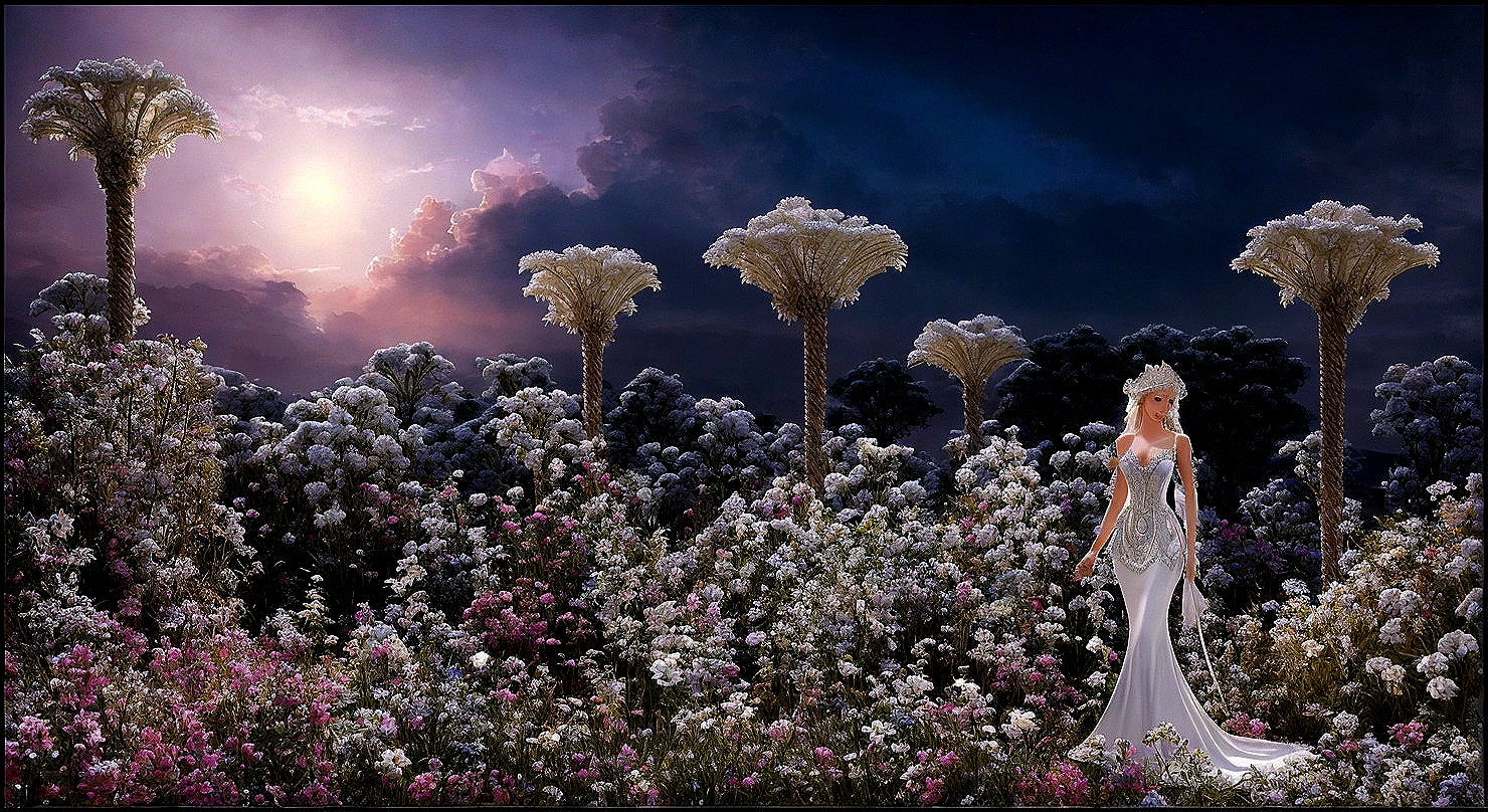 Twilight Garden Scene with Elegant Figure and Flowers