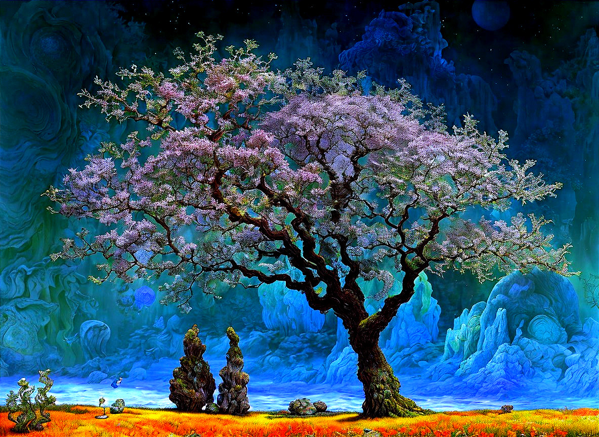 Majestic tree with purple blossoms in surreal landscape