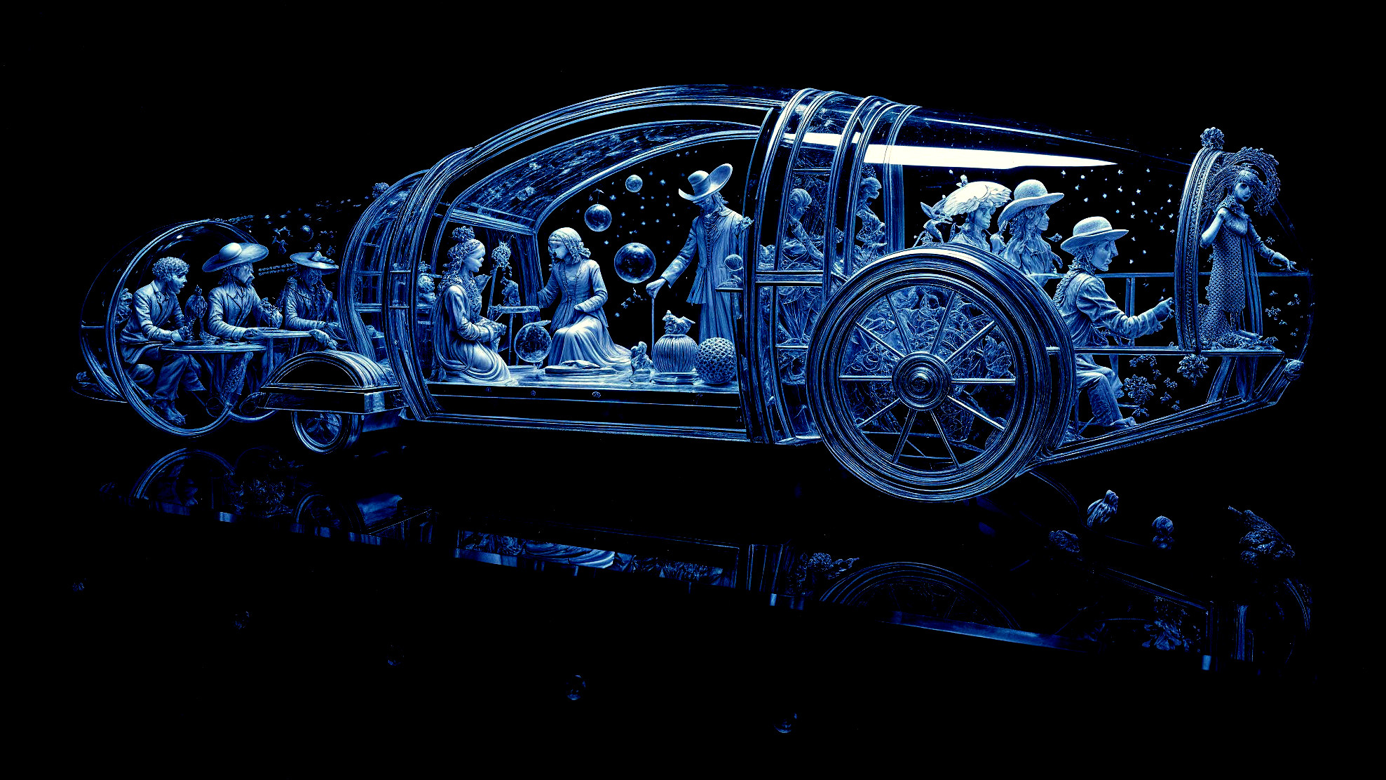 Futuristic Car Design with Transparent Structure and Figurines