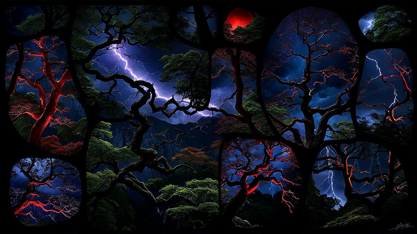 Dramatic Forest Scene with Stormy Sky and Lightning