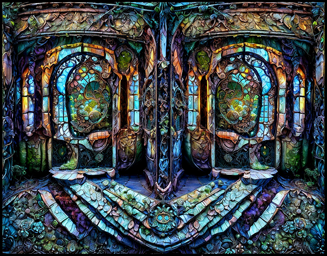 Fantastical Interior with Stained Glass and Nature Designs