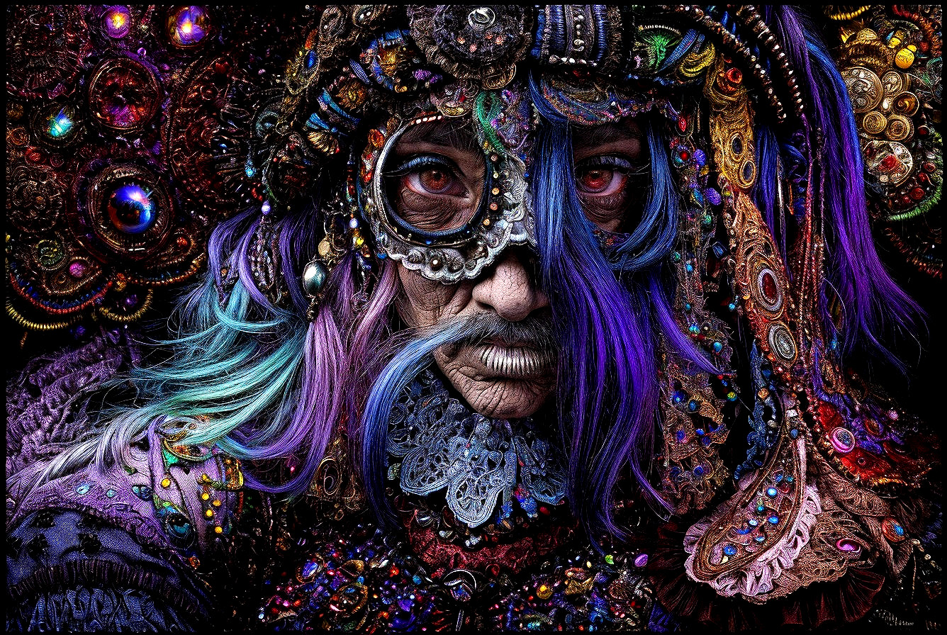 Colorful person with blue and purple hair and jewel-encrusted accessories.