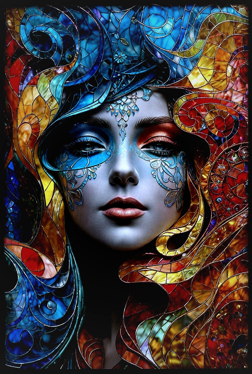 Portrait of a Woman with Colorful Stained Glass Designs