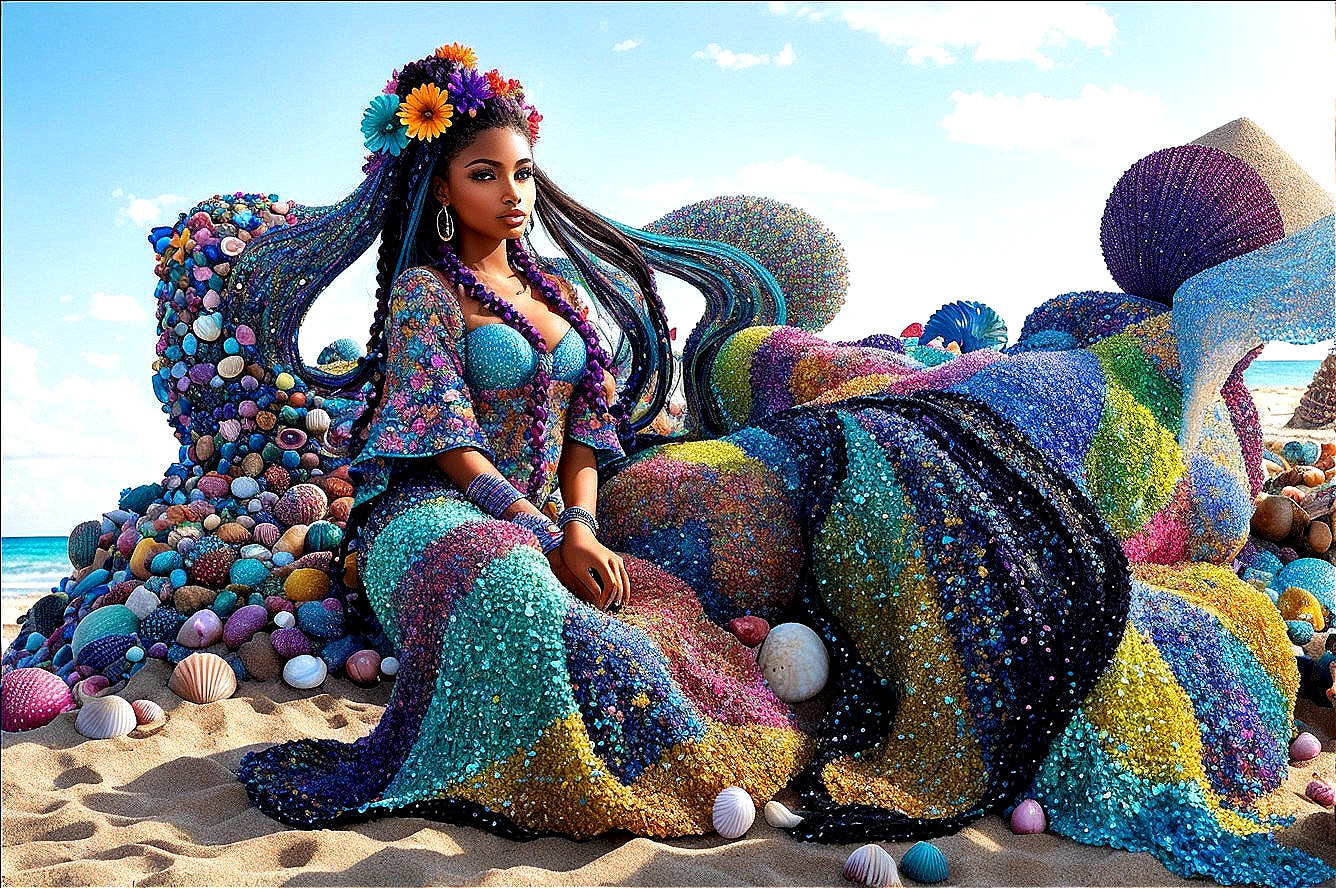 Colorful Beaded Hair Extensions Woman in Sparkling Mermaid Outfit