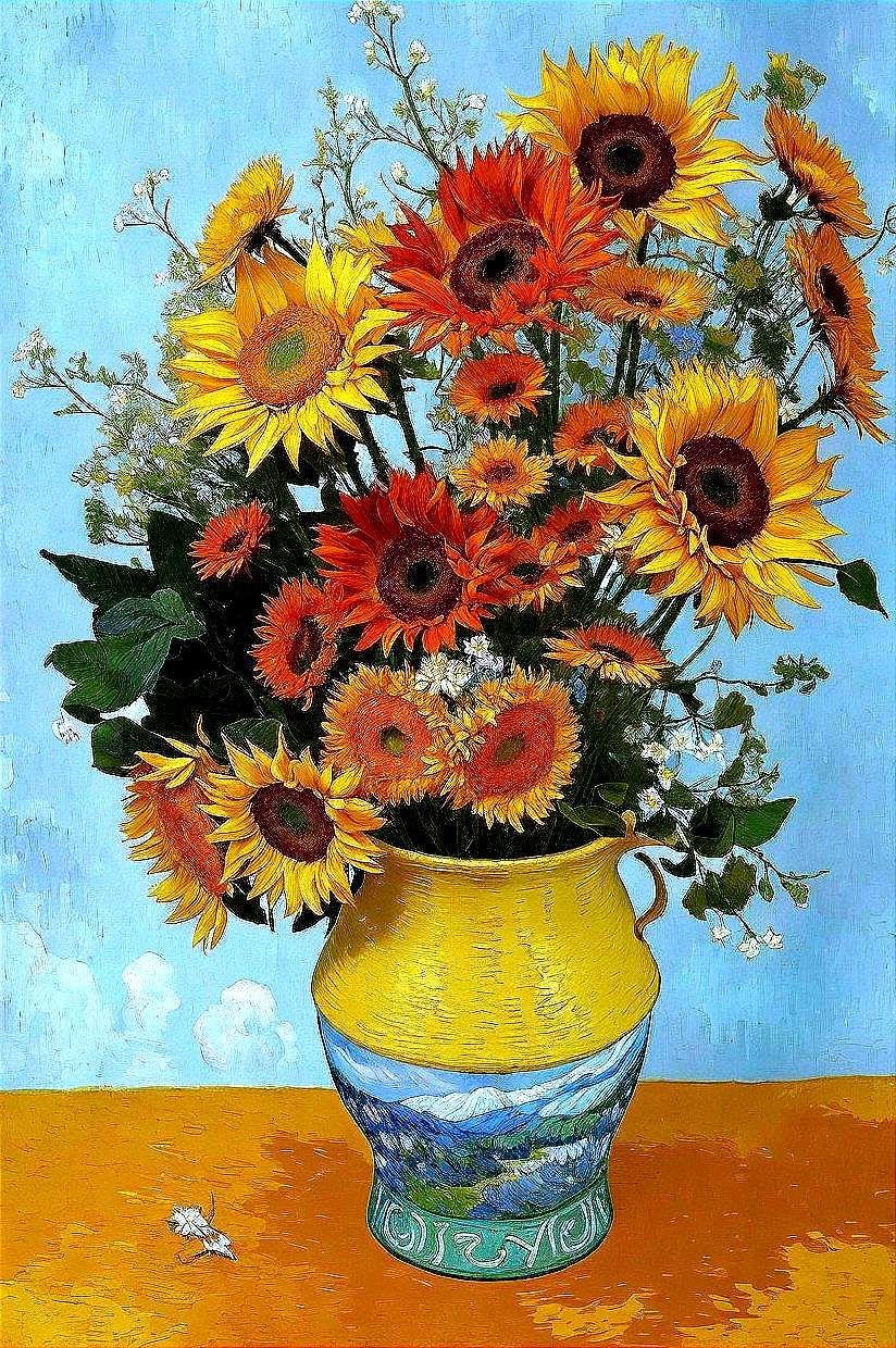 Vibrant Still-Life with Sunflowers in Colorful Vase