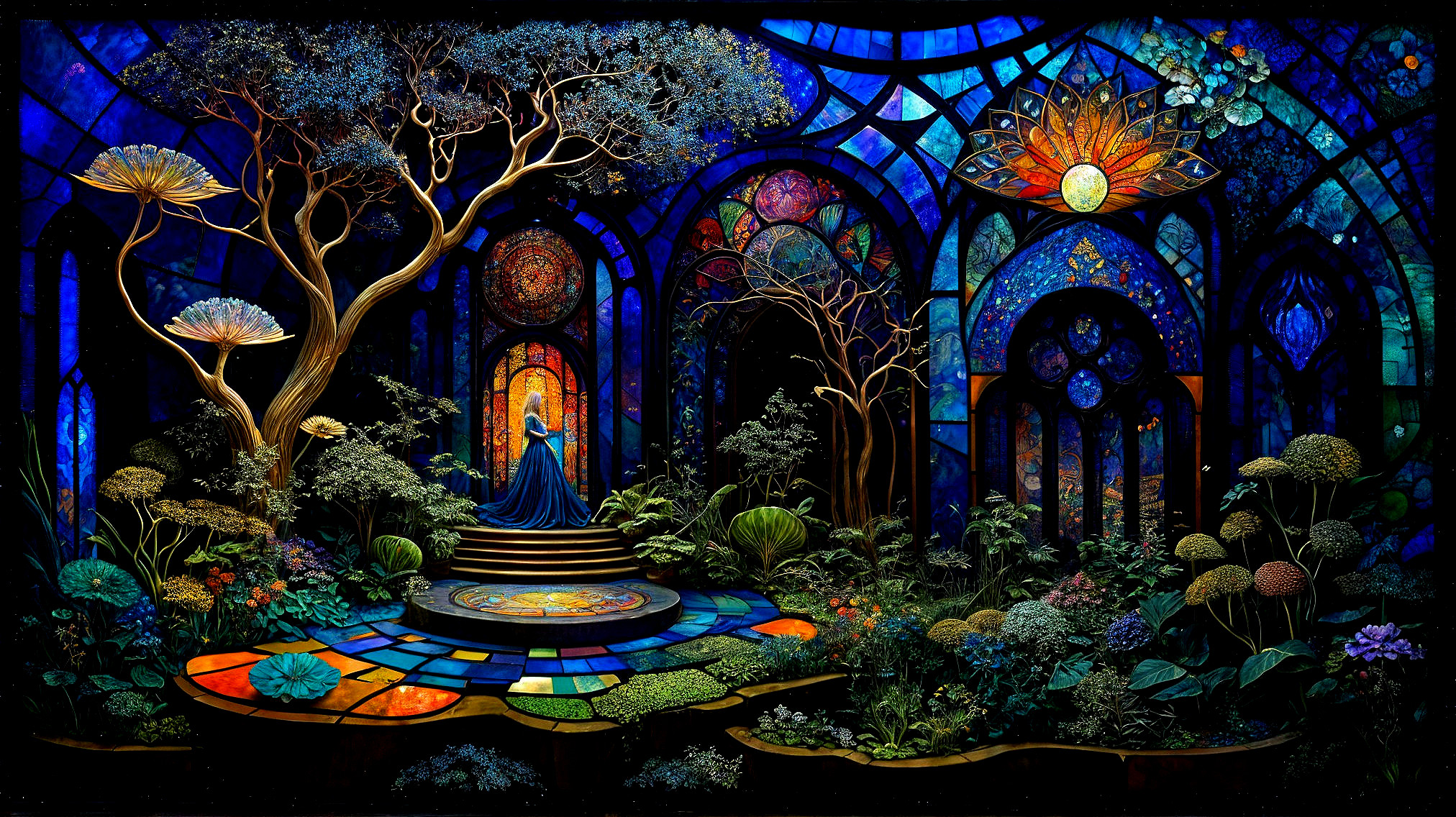 Stained-Glass Scene with Vibrant Colors and Flora