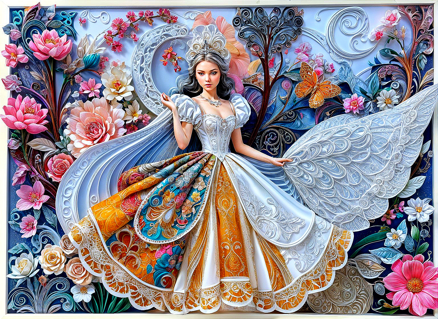 Detailed Artwork of Woman in Lavish Gown and Nature