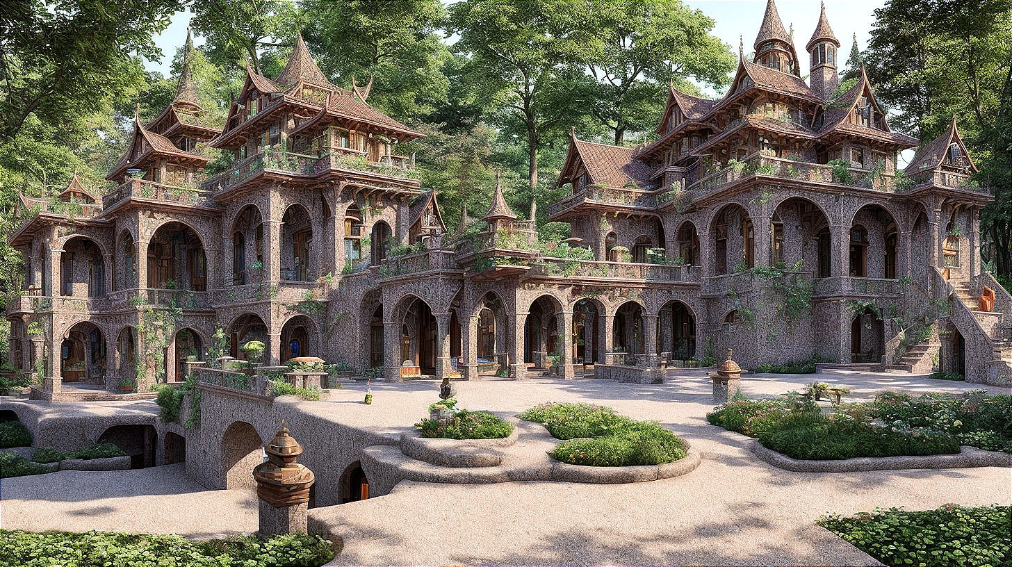 Multi-Turreted Mansion Surrounded by Lush Forest