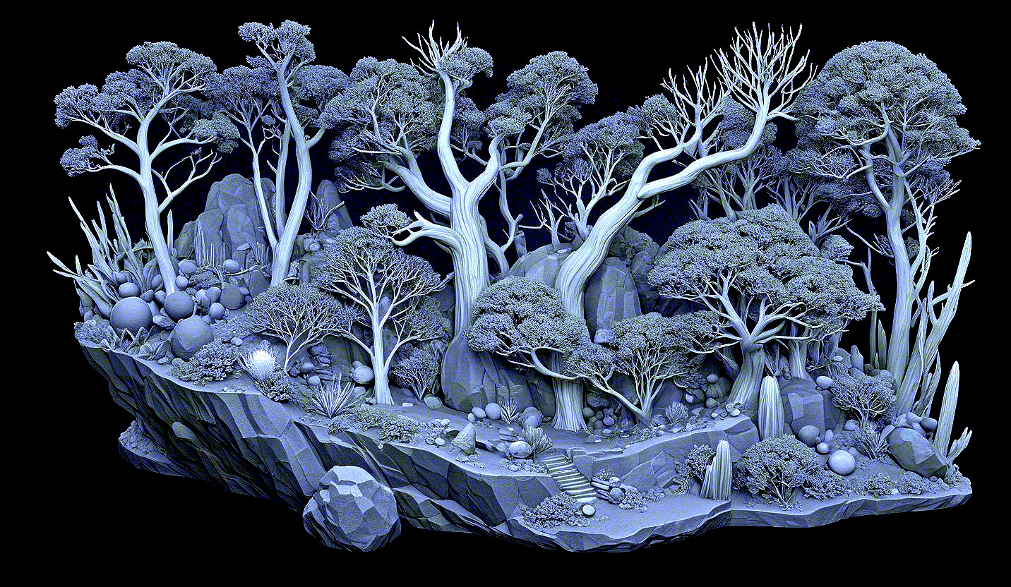 Monochromatic 3D Dense Forest Scene with Textured Elements