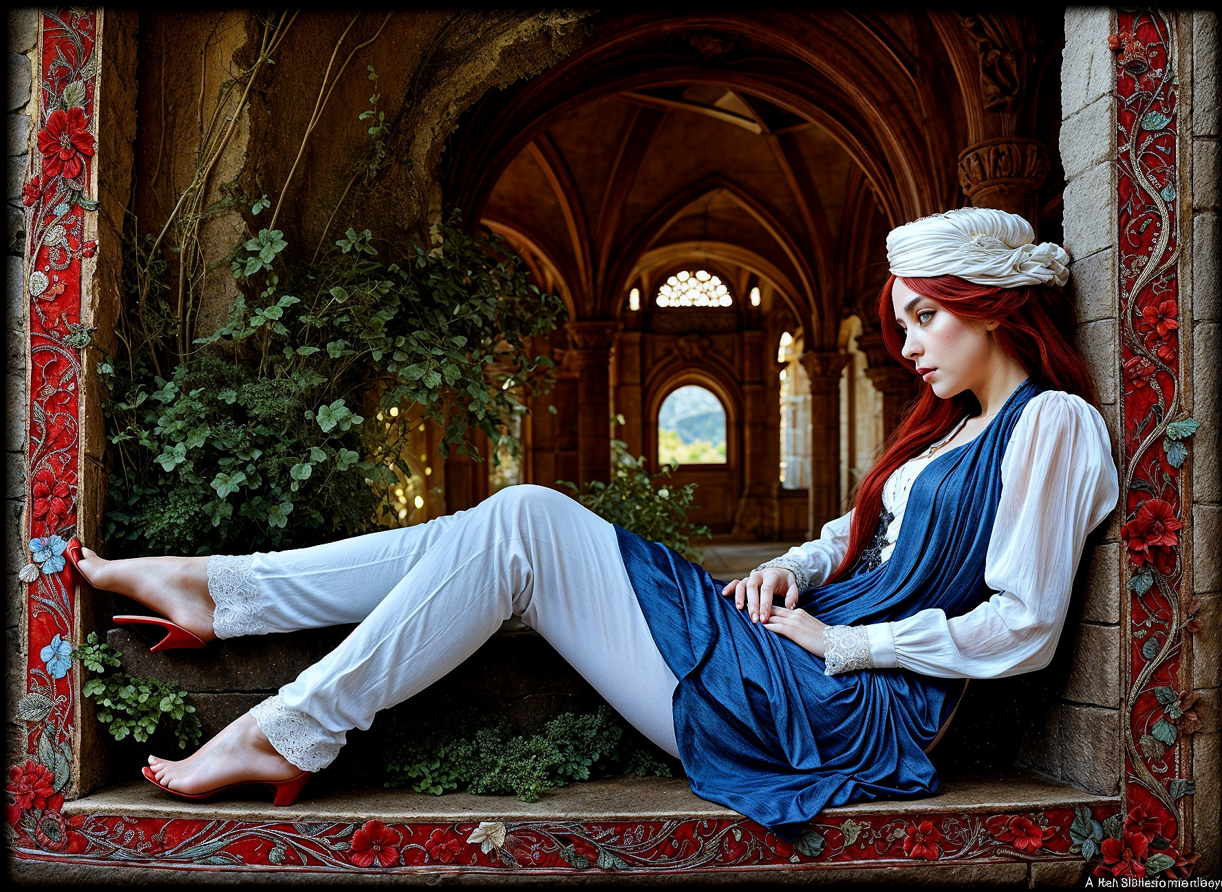Elegant Woman in Stone Window with Lush Backdrop