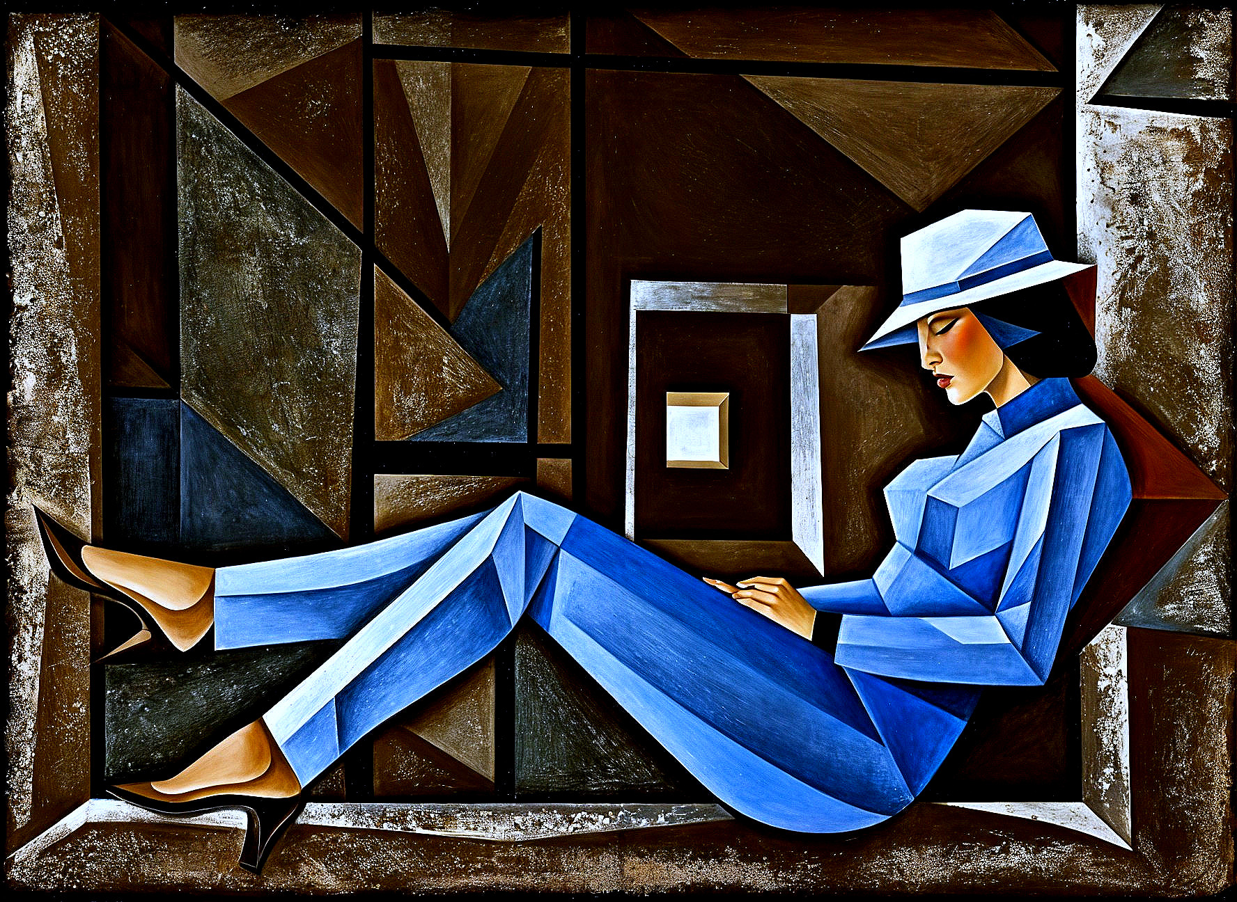 Stylized Woman in Blue Outfit with Abstract Background