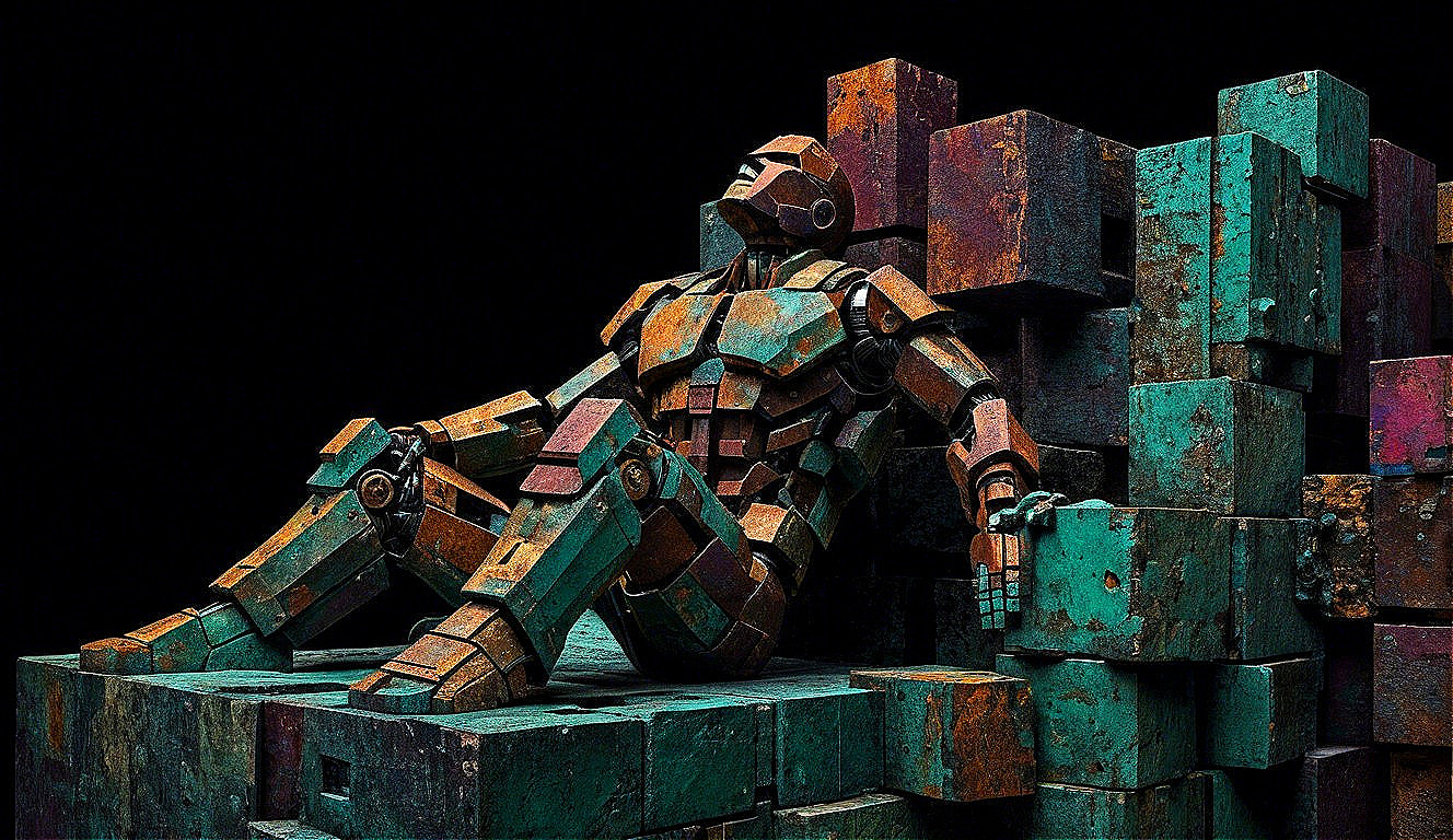 Stylized Robot Figure Against Colorful Textured Blocks