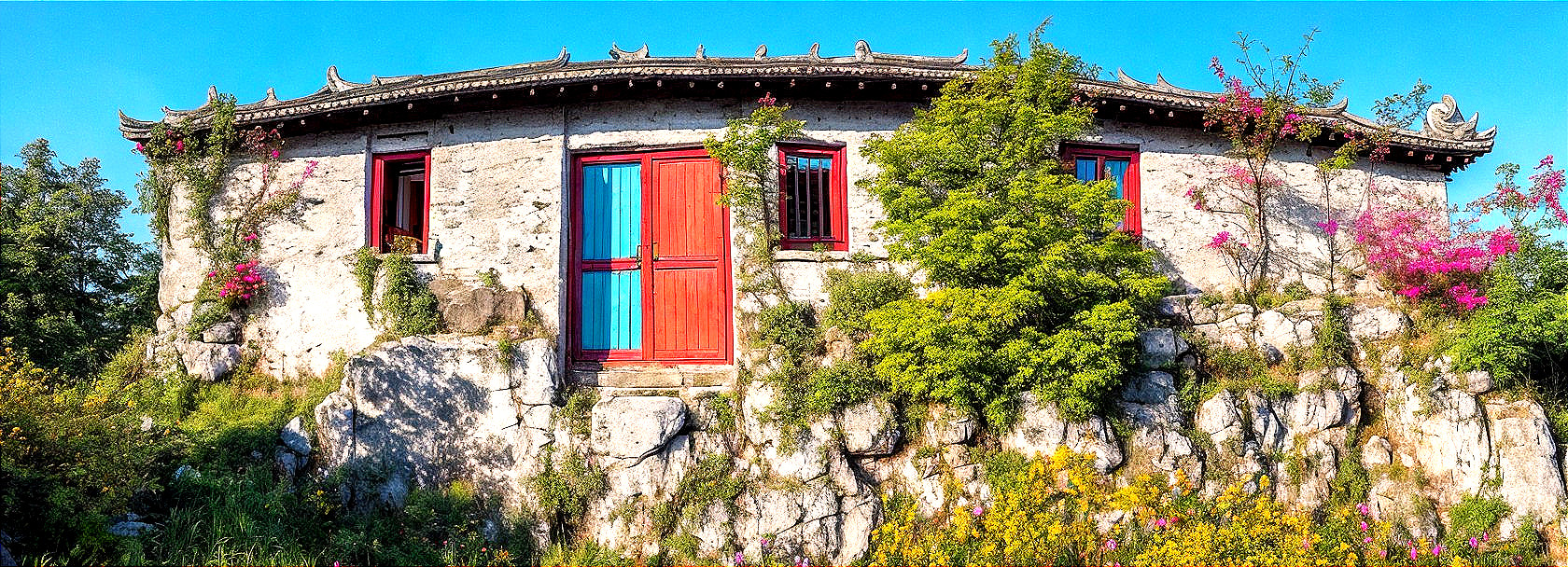 Picturesque Building with Curved Roof and Colorful Doors