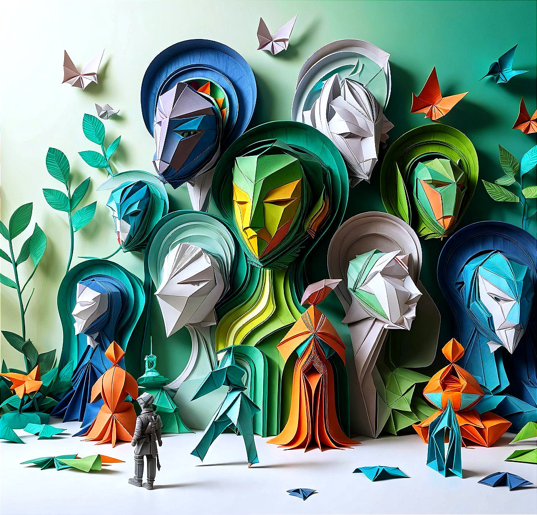 Vibrant Paper Art Installation with Abstract Faces and Animals