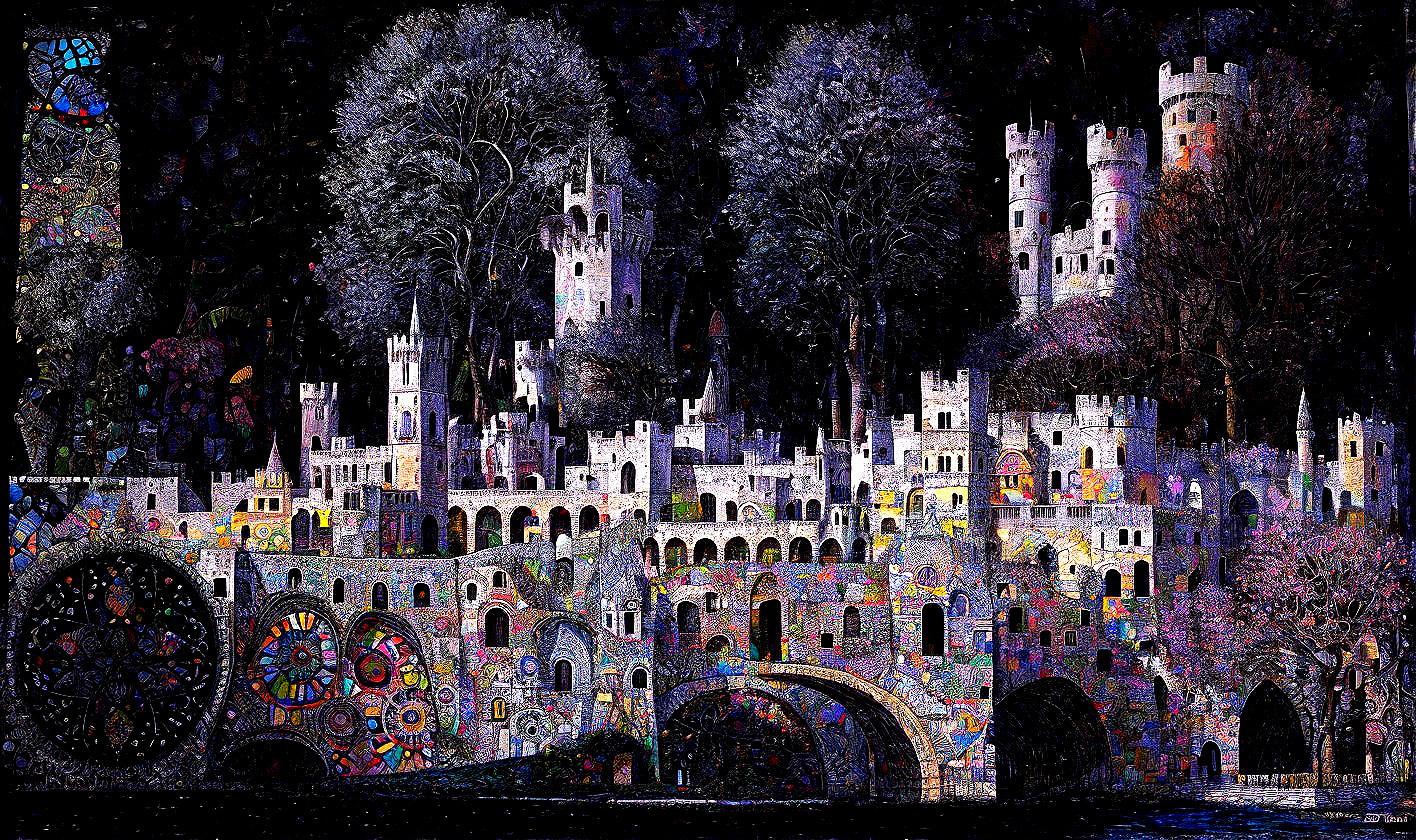 Mystical Castle Landscape with Colorful Mosaics at Night