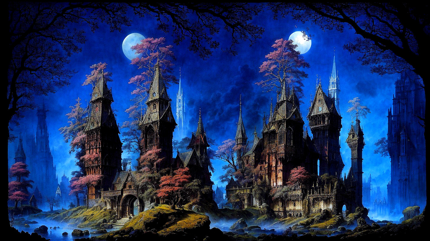 Gothic castle under a mystical night sky with moons