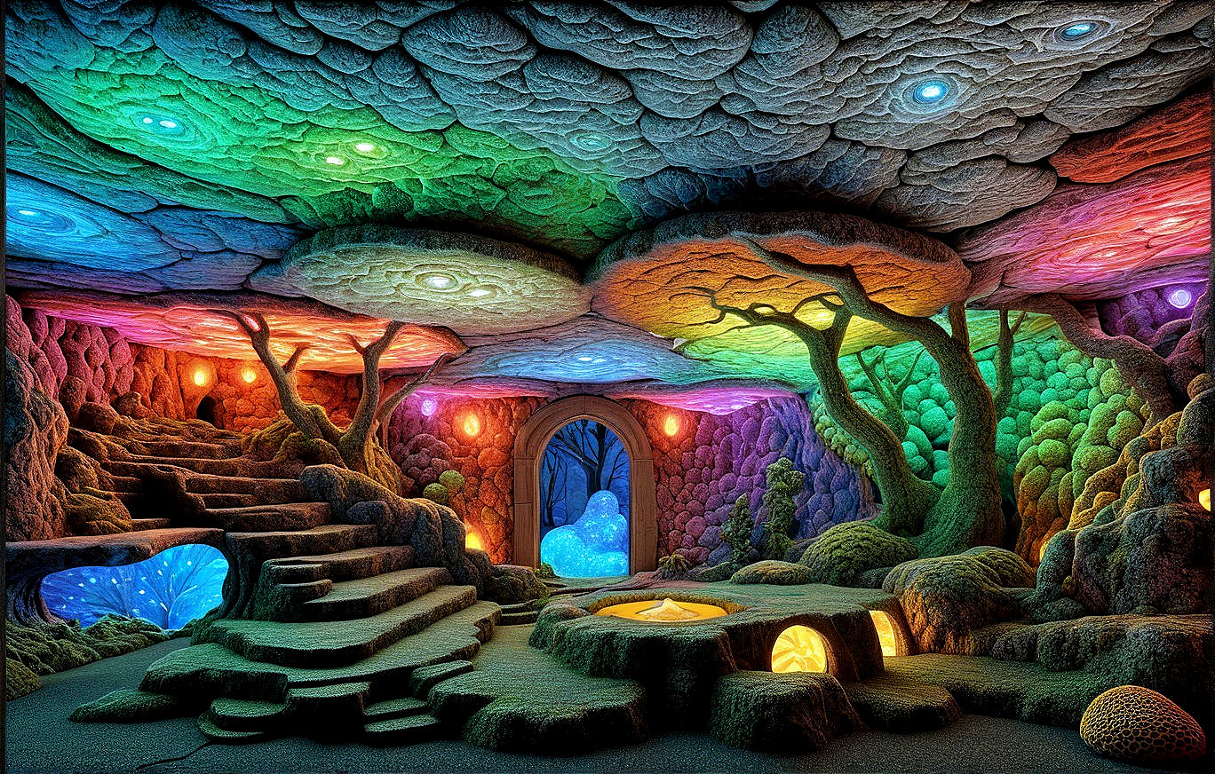 Vibrant Cave Interior with Colorful Textured Walls