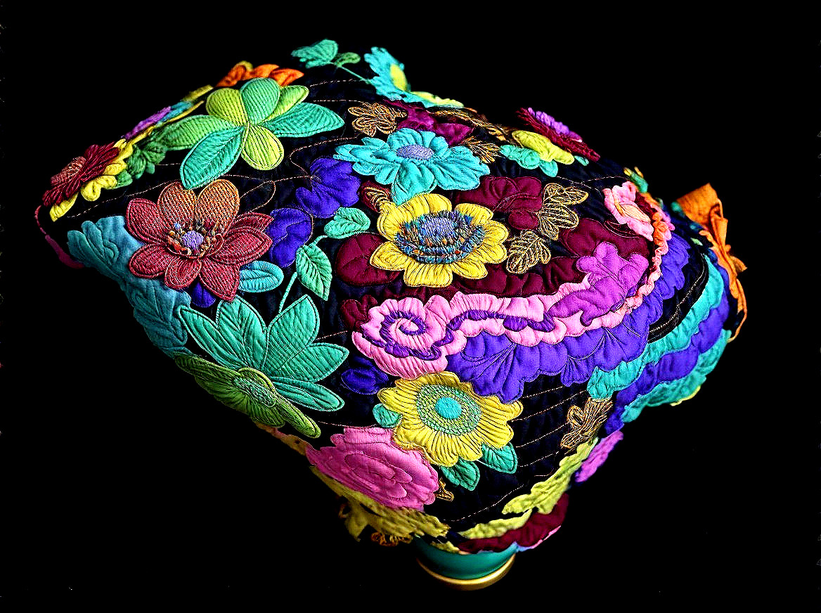 Intricately Embroidered Textile with Colorful Flowers