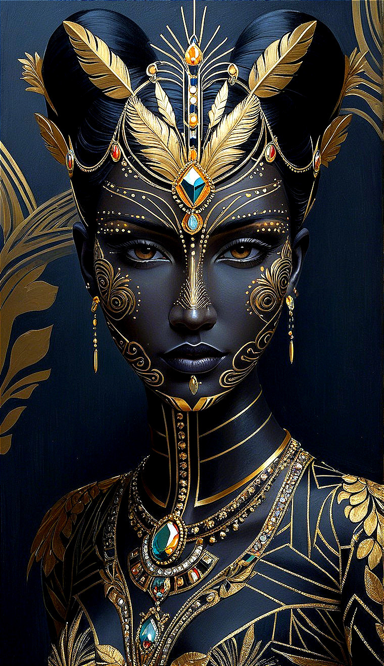 Regal figure with golden patterns and elaborate headpiece