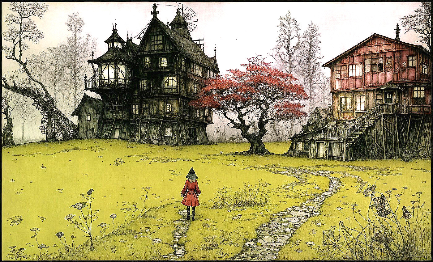 Whimsical Landscape with a Girl in a Red Cloak