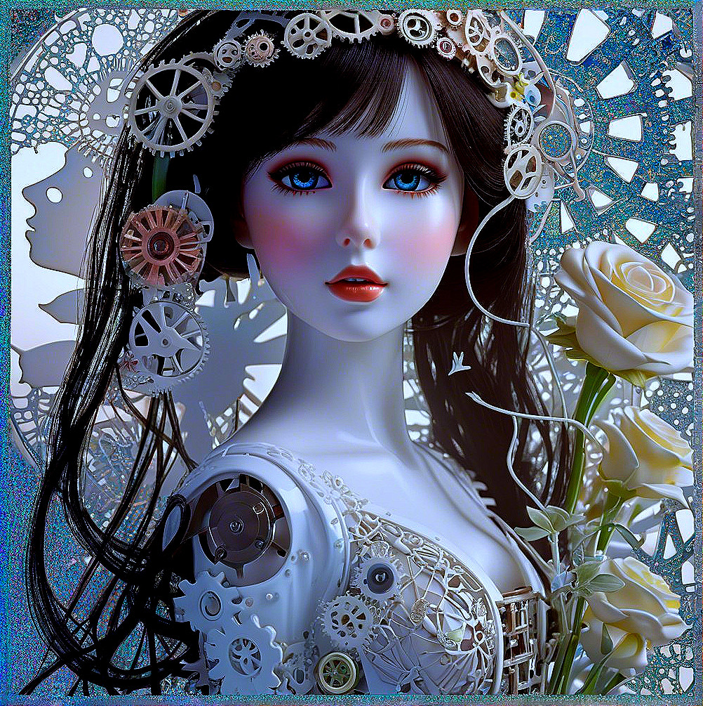 Humanoid Figure in Steampunk Setting with Roses