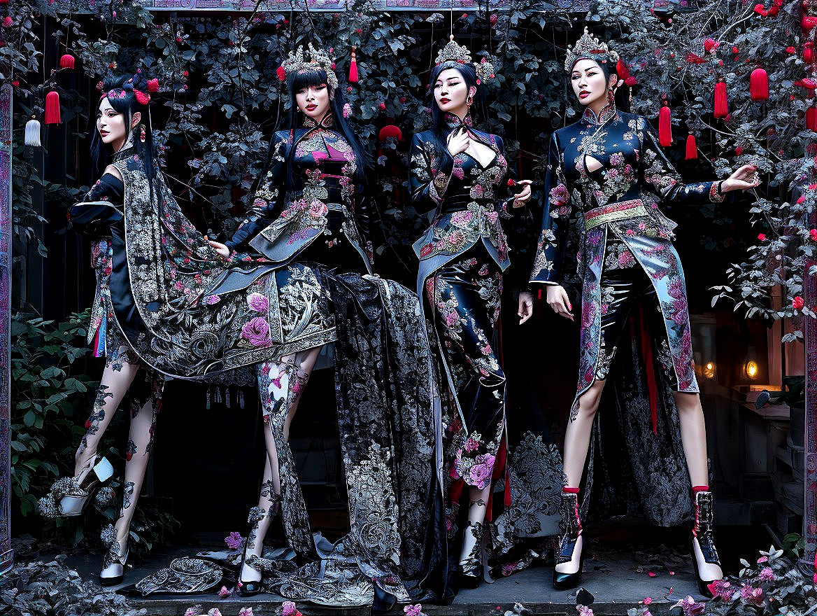 Elegant Women in Traditional Floral Attire and Lanterns