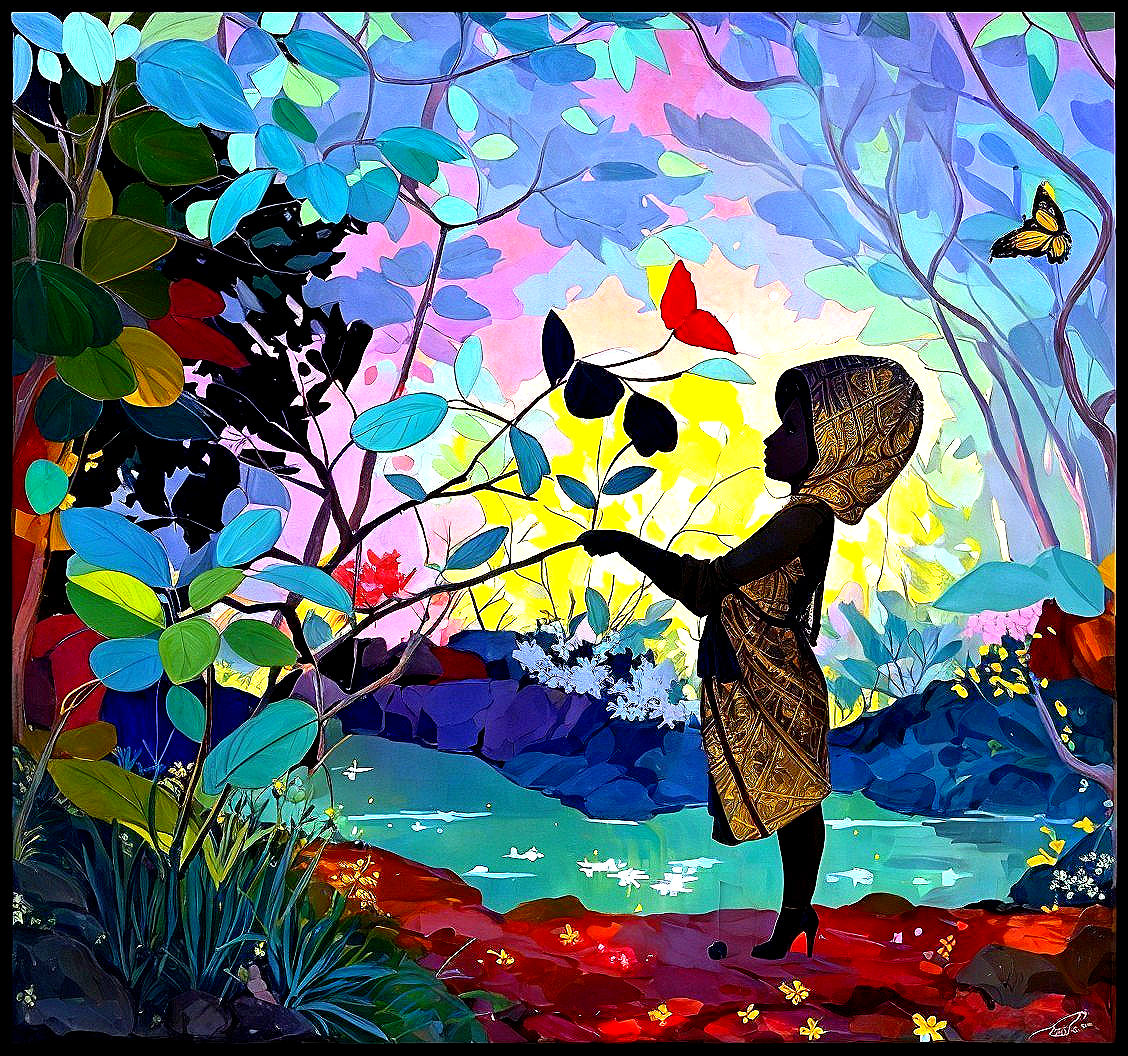 Child Silhouette in Colorful Nature Scene with Butterfly