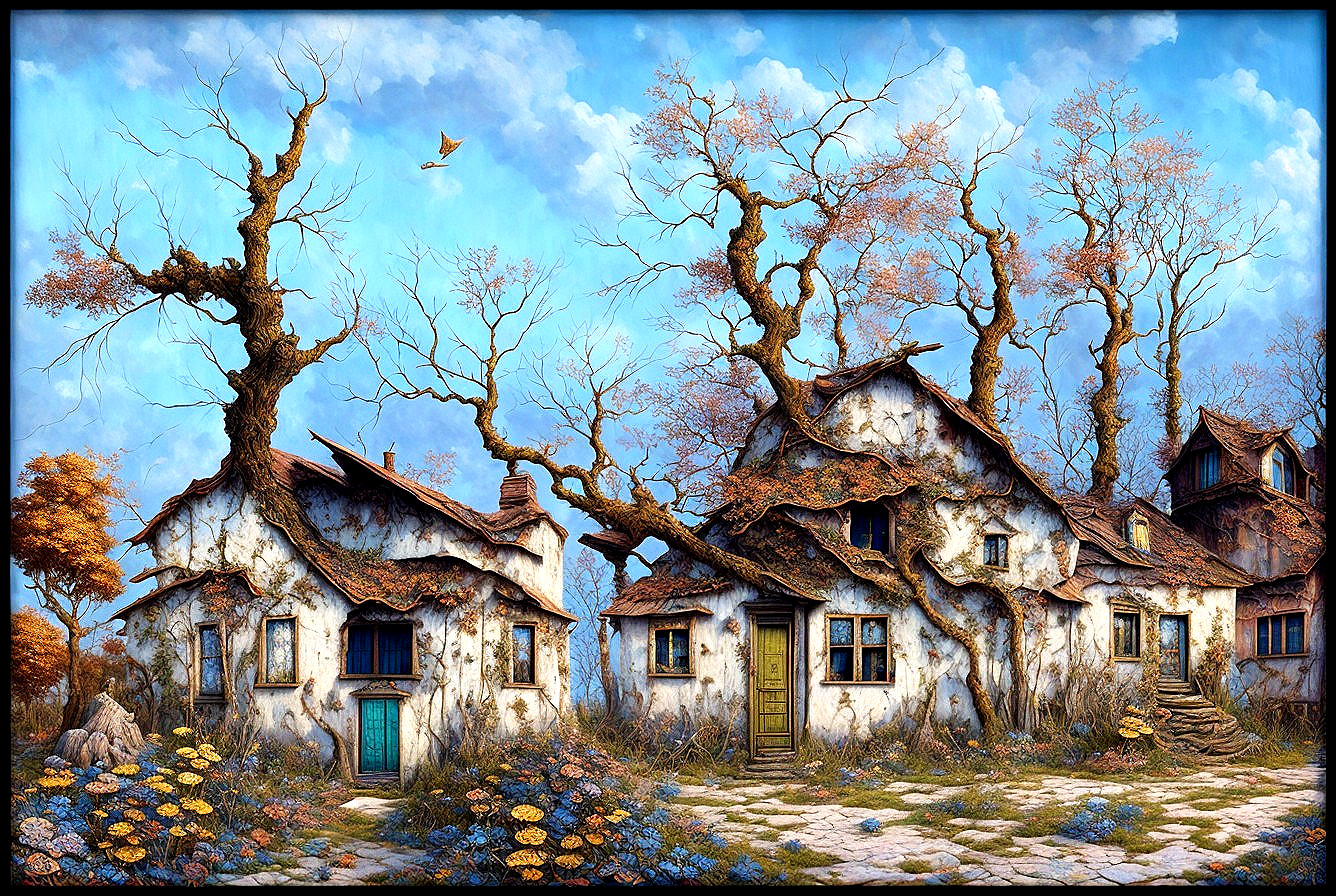 Whimsical Village with Unique Houses and Autumn Foliage