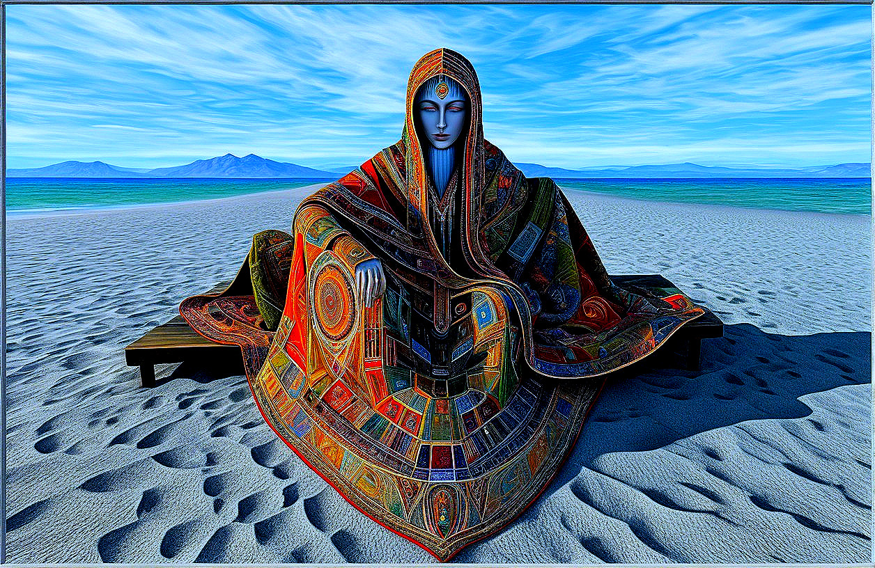 Mystical figure in patterned shawl by serene shore