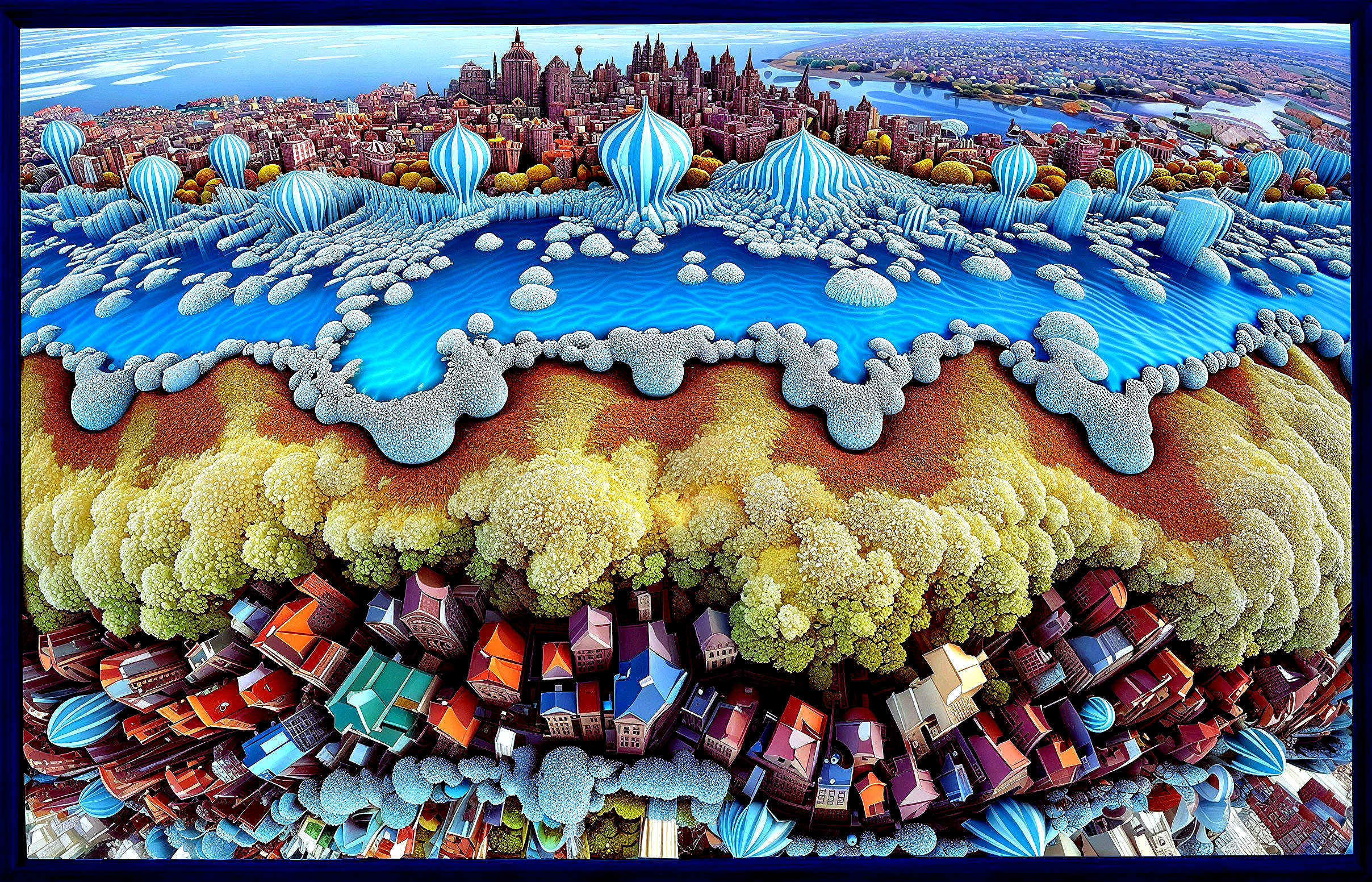 Vibrant Elevated Perspective of a Layered Cityscape