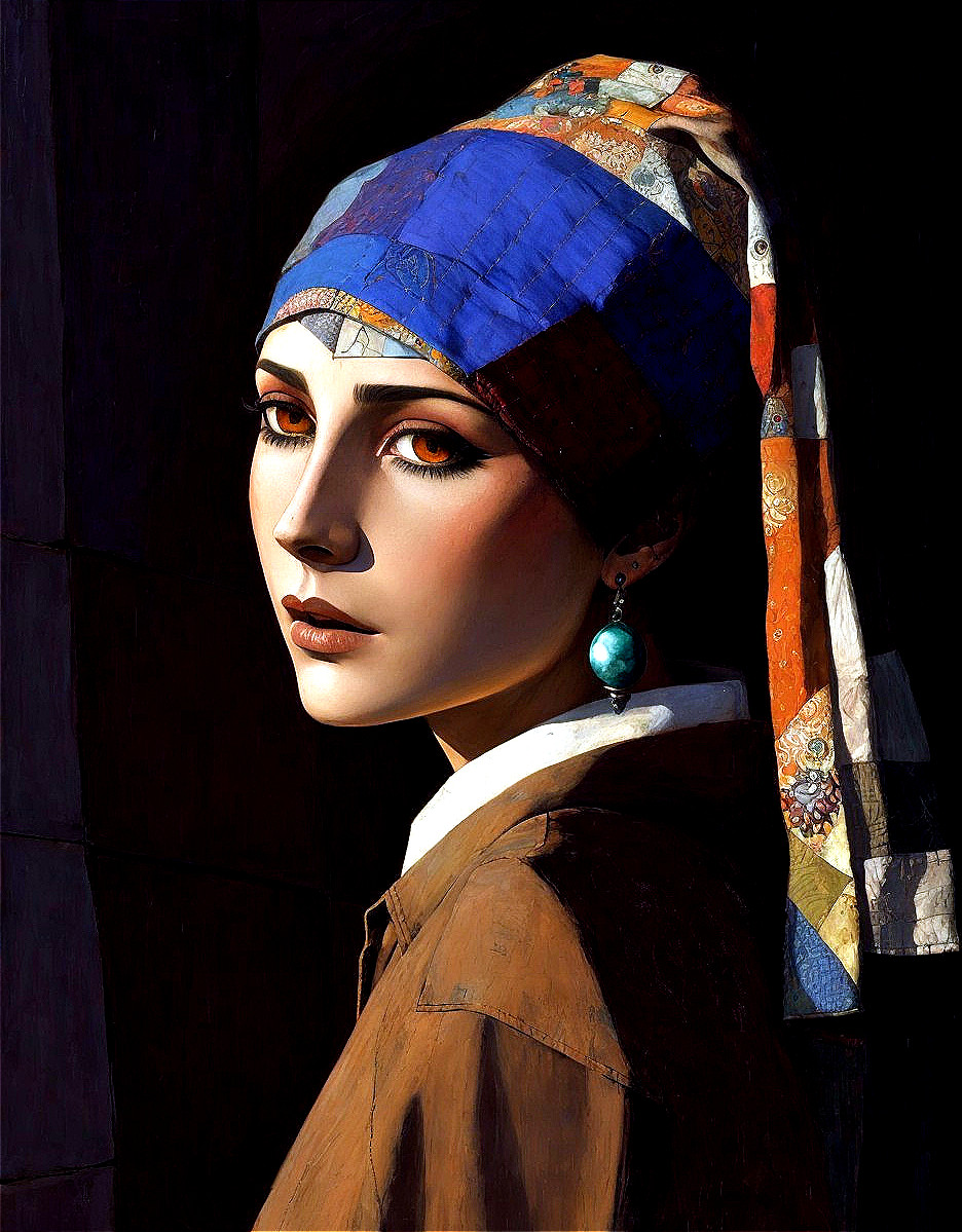 Vividly patterned headscarf and oversized earring in modern digital portrait