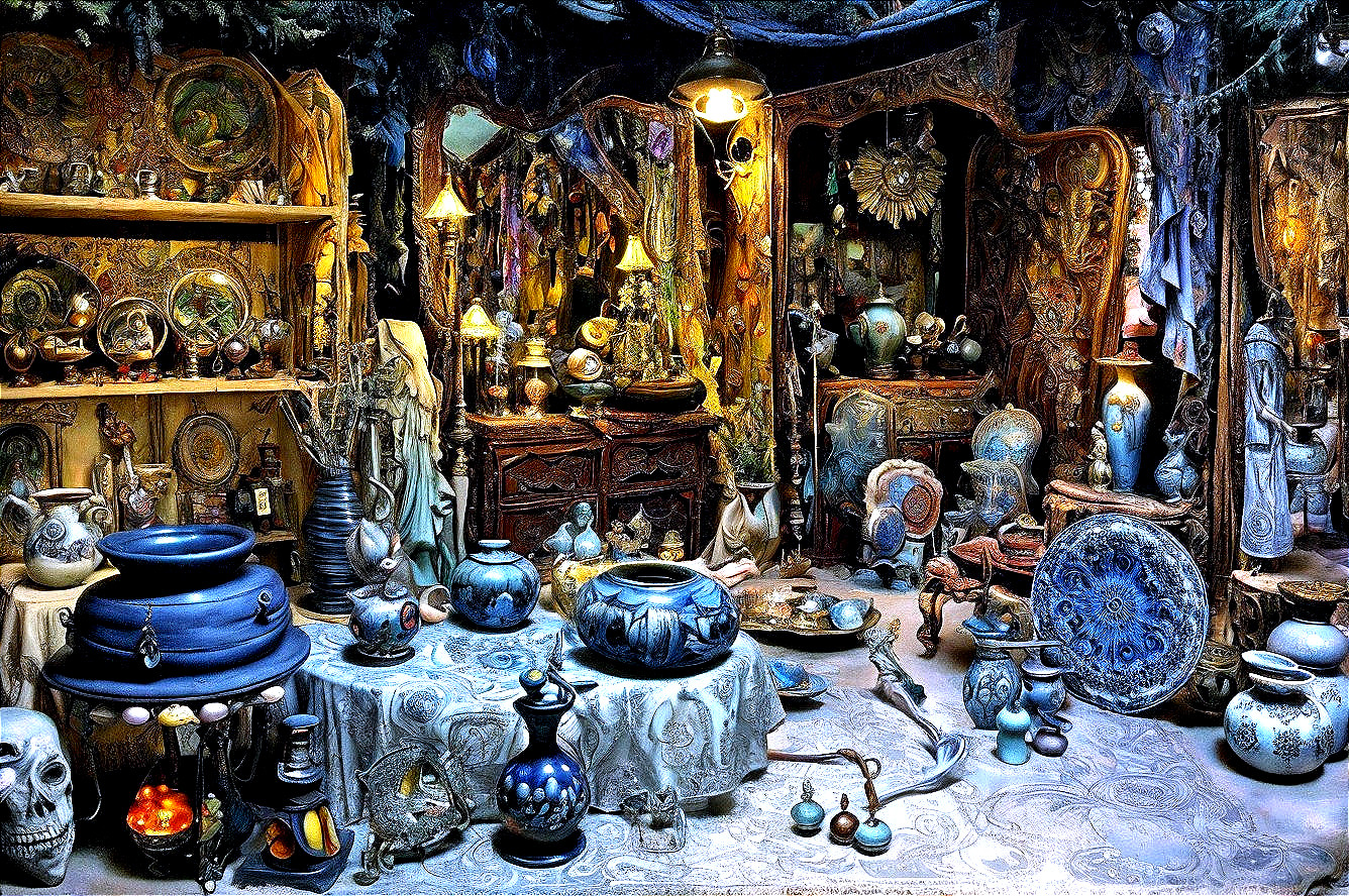 Eclectic Antique Collection in a Dimly Lit Room