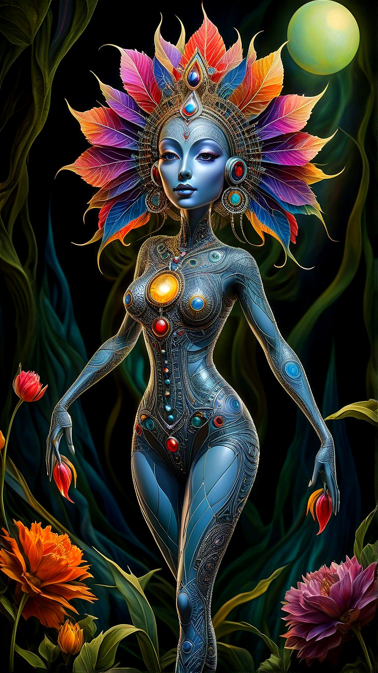 Woman with Blue Skin Surrounded by Colorful Flora